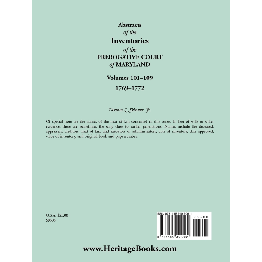 Abstracts of the Inventories of the Prerogative Court of Maryland, 1769-1772, Libers 101-109 back cover