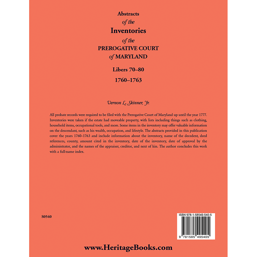 Abstracts of the Inventories of the Prerogative Court of Maryland, 1760-1763, Libers 70-80 back cover