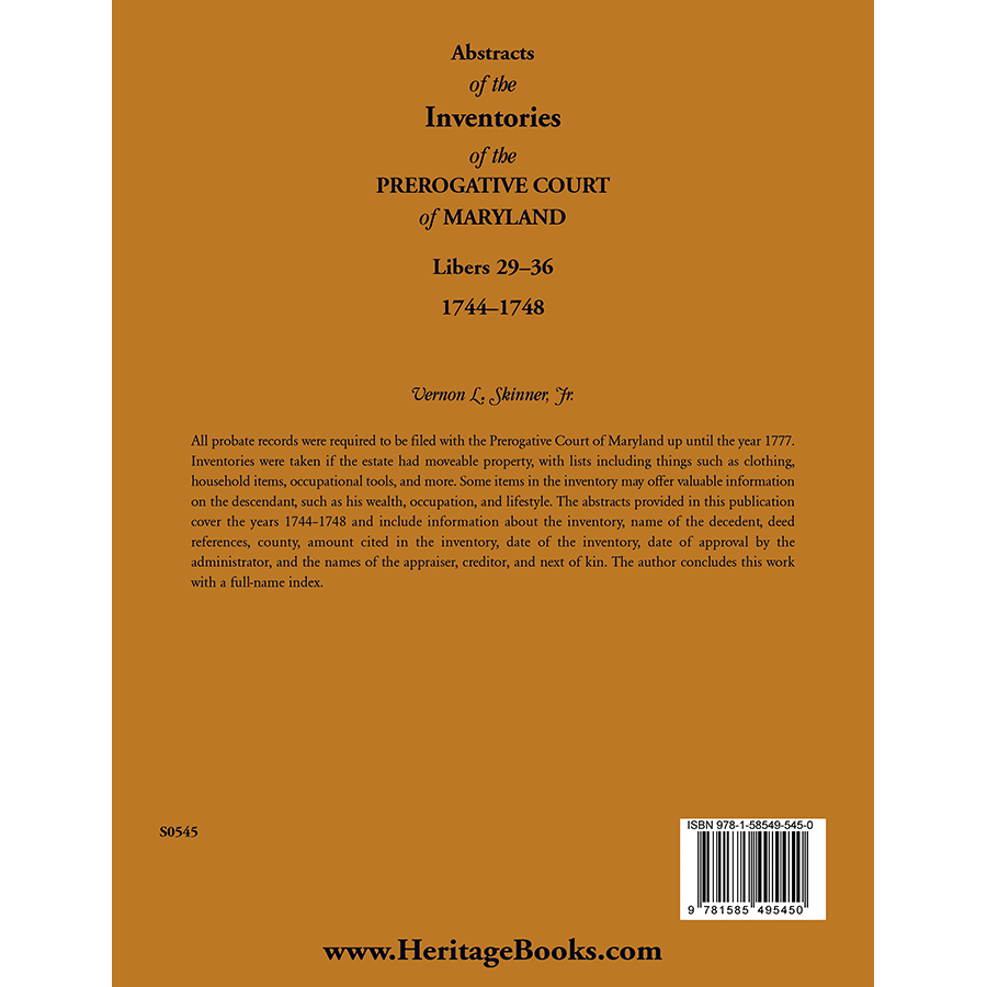 Abstracts of the Inventories of the Prerogative Court of Maryland, 1744-1748, Libers 29-36 back cover