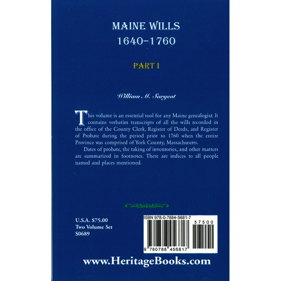 Maine Wills, 1640-1760, Part I back cover