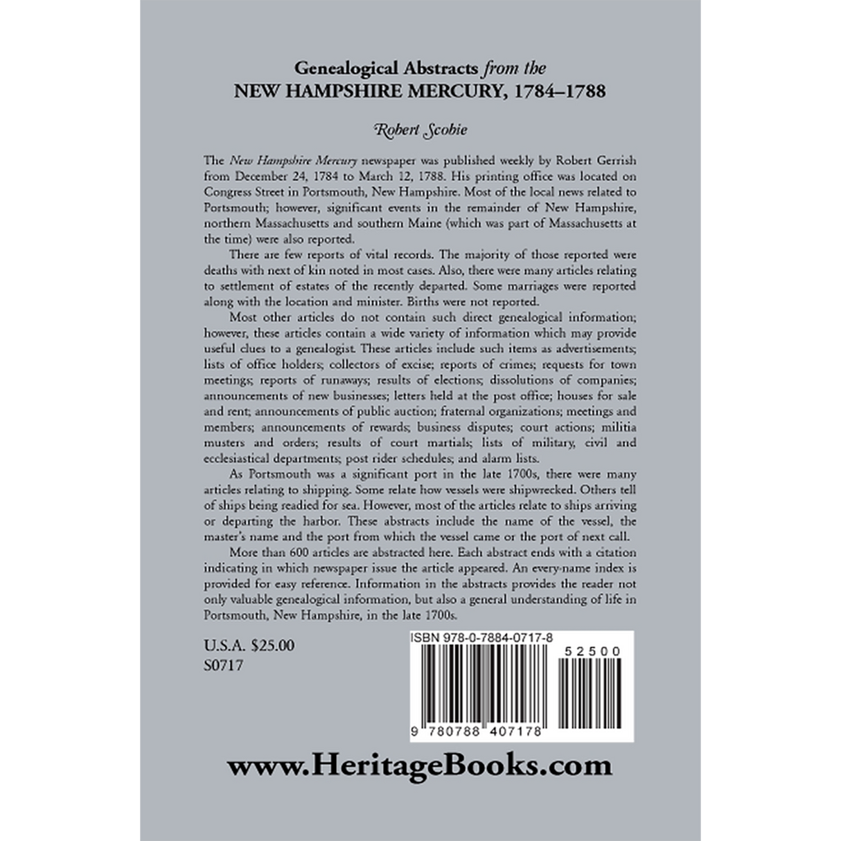Genealogical Abstracts from the New Hampshire Mercury, 1784-1788 back cover
