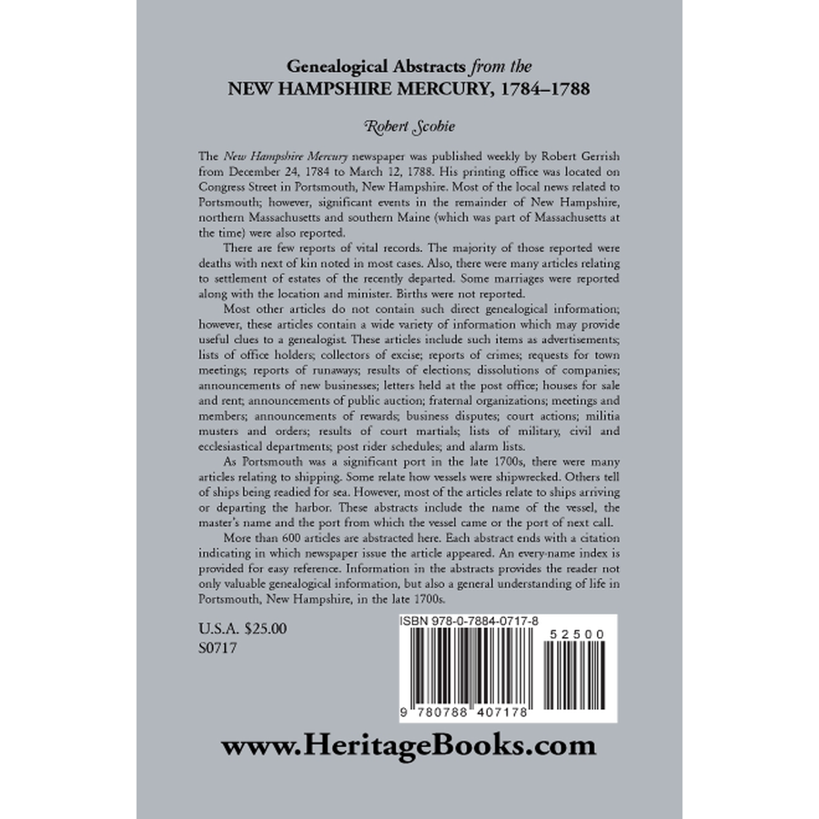 Genealogical Abstracts from the New Hampshire Mercury, 1784-1788 back cover