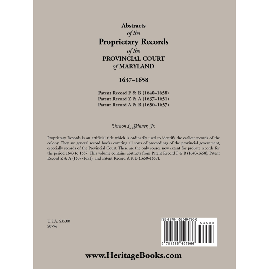 Abstracts of the Proprietary Records of the Provincial Court of Maryland, 1637-1658 back cover