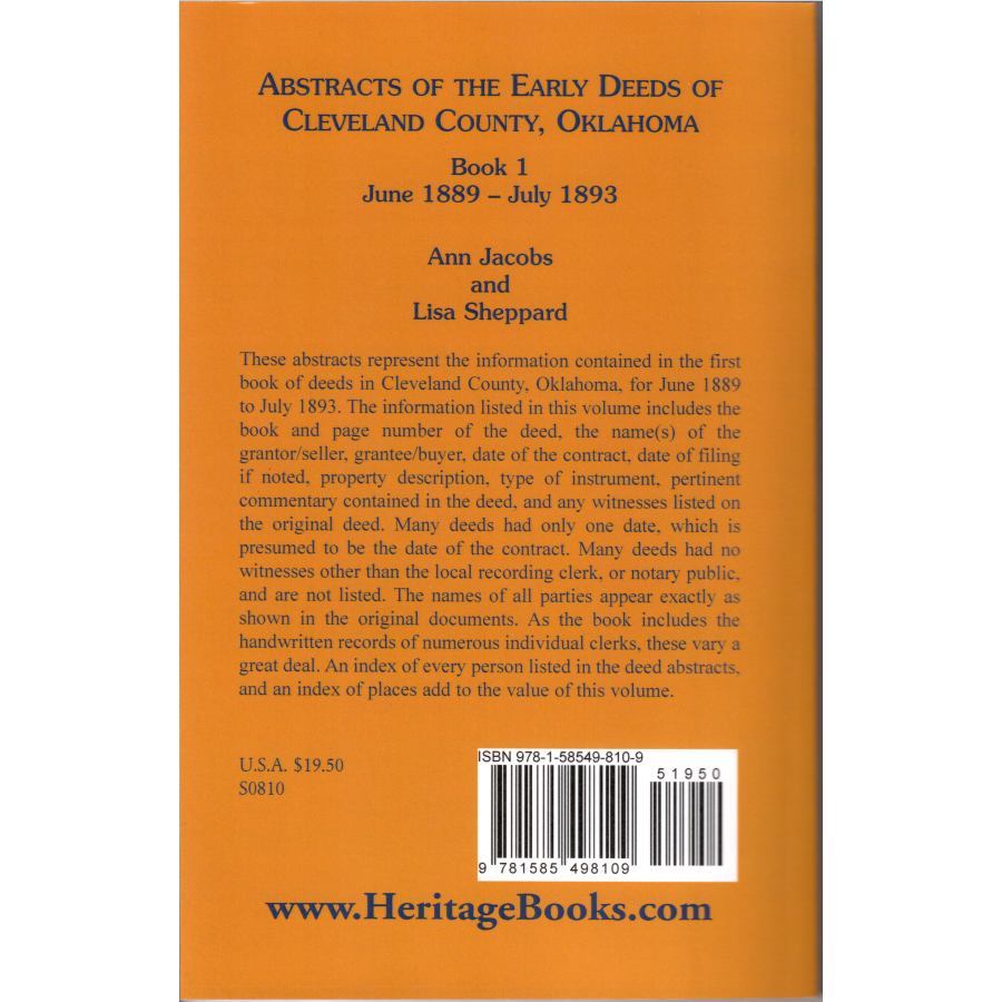 Abstracts of the Early Deeds of Cleveland County, Oklahoma: Book 1, June 1889-July 1893 back cover