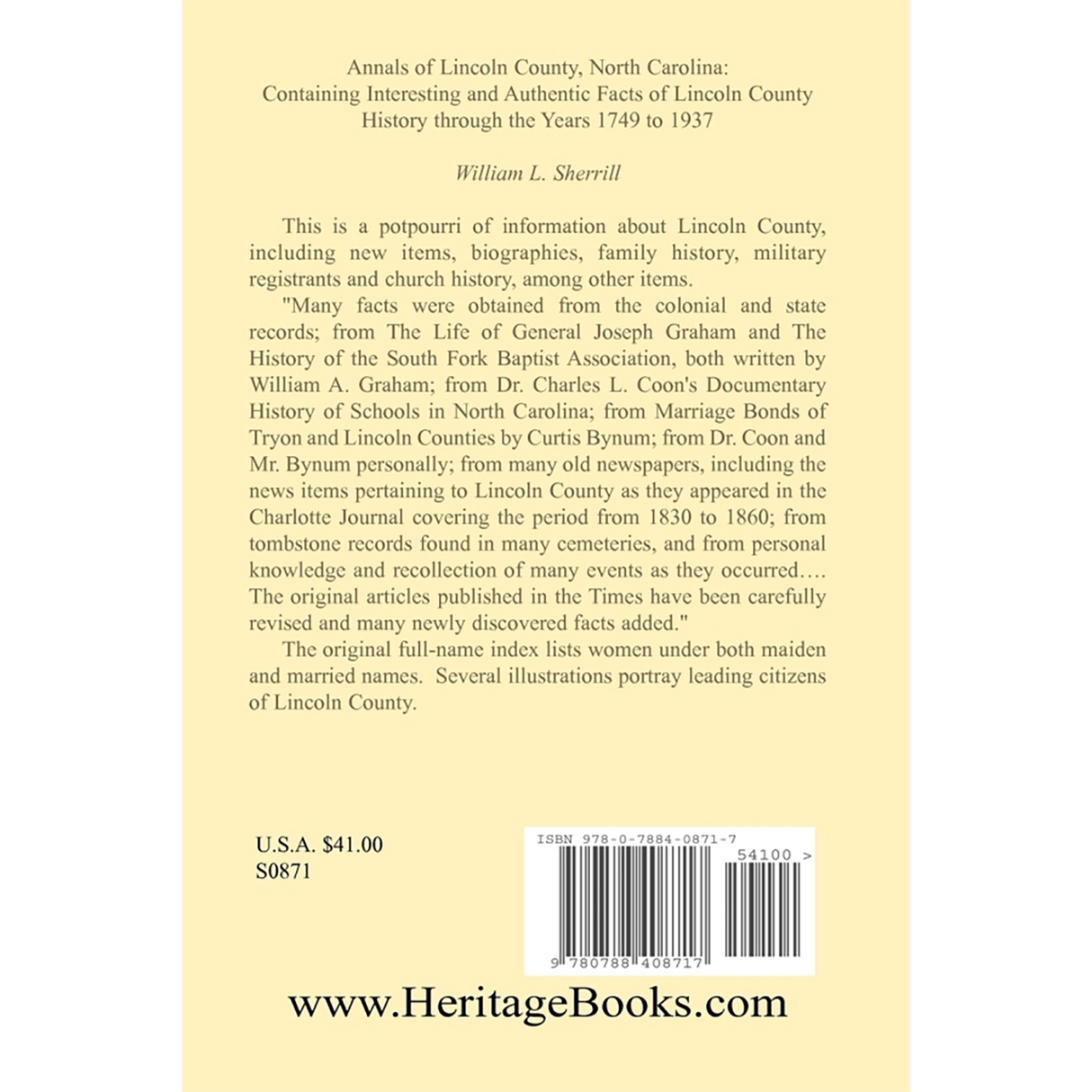 Annals of Lincoln County, North Carolina: Containing Interesting and Authentic Facts of Lincoln County History Through the Years 1749 to 1937 back cover