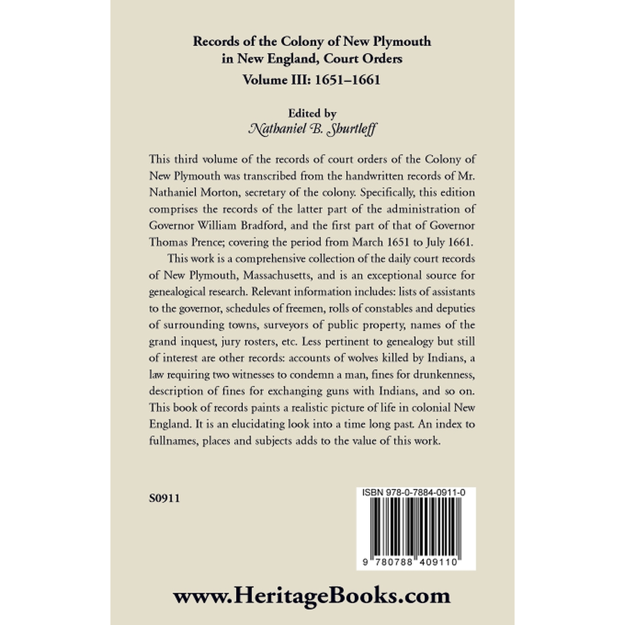 Records of the Colony of New Plymouth in New England, Volume III: Court Orders, 1651-1661 back cover