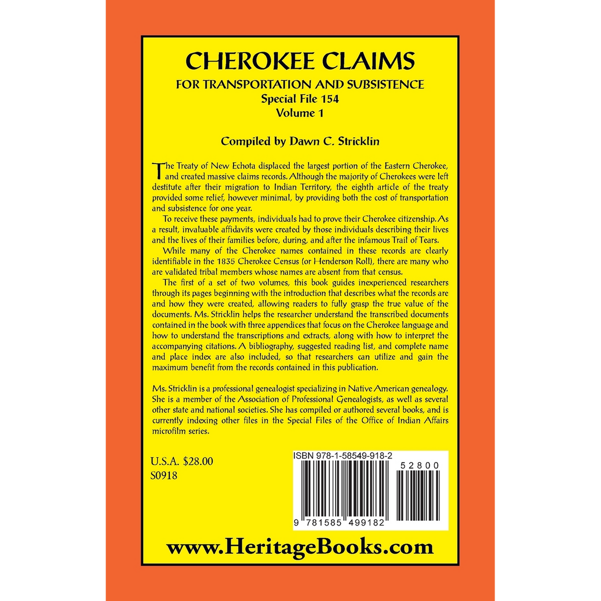 Cherokee Claims for Transportation and Subsistence, Special File 154: Volume 1 back cover