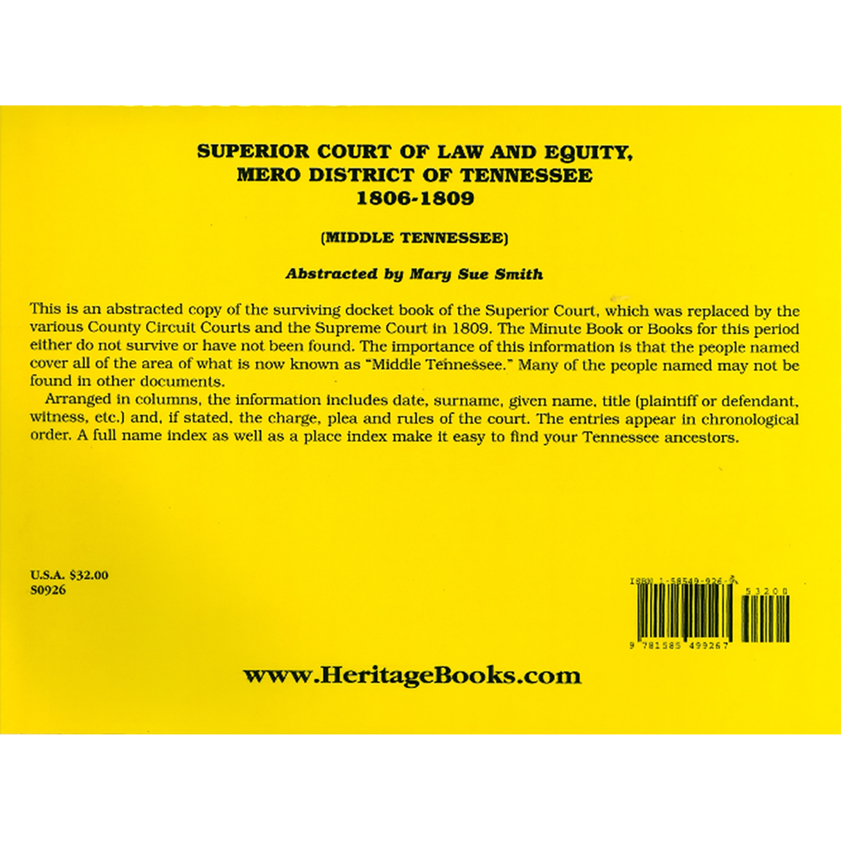 Superior Court of Law and Equity, Mero District of Tennessee, 1806-1809, Middle Tennessee back cover