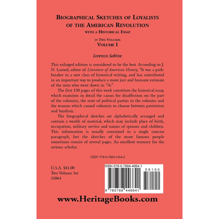 Biographical Sketches of Loyalists of the American Revolution, with a Historical Essay, Volume 1 back cover