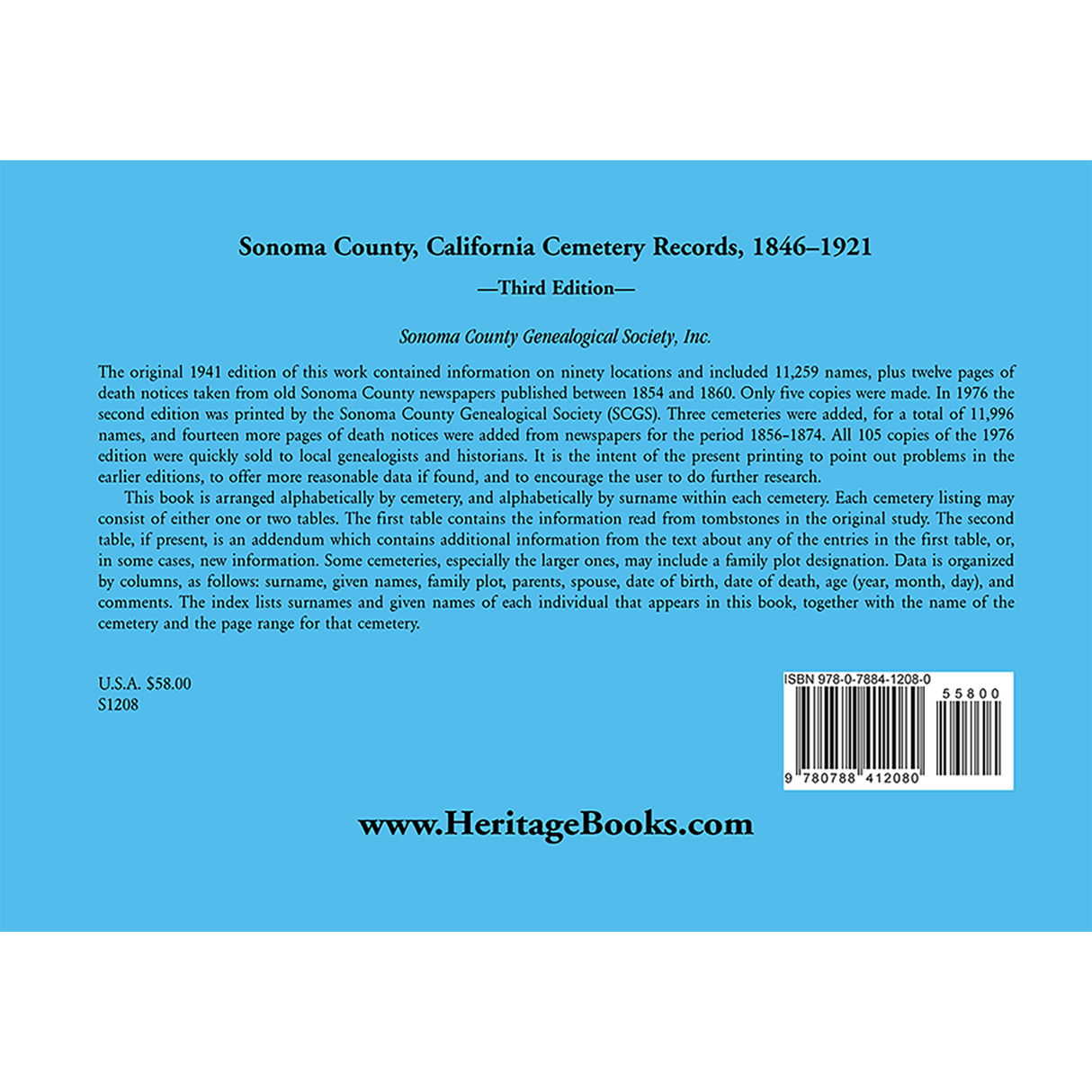 Sonoma County, California Cemetery Records, 1846-1921: Third Edition back cover