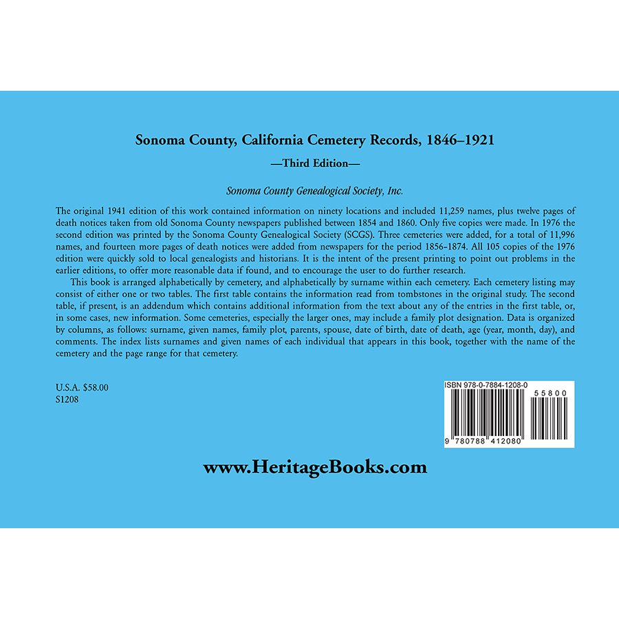 Sonoma County, California Cemetery Records, 1846-1921: Third Edition back cover