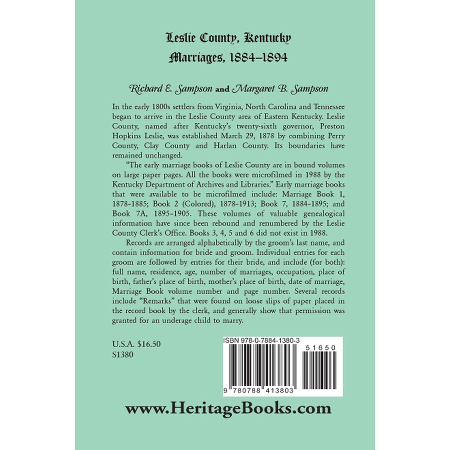 Leslie County, Kentucky Marriages, 1884-1894 back cover