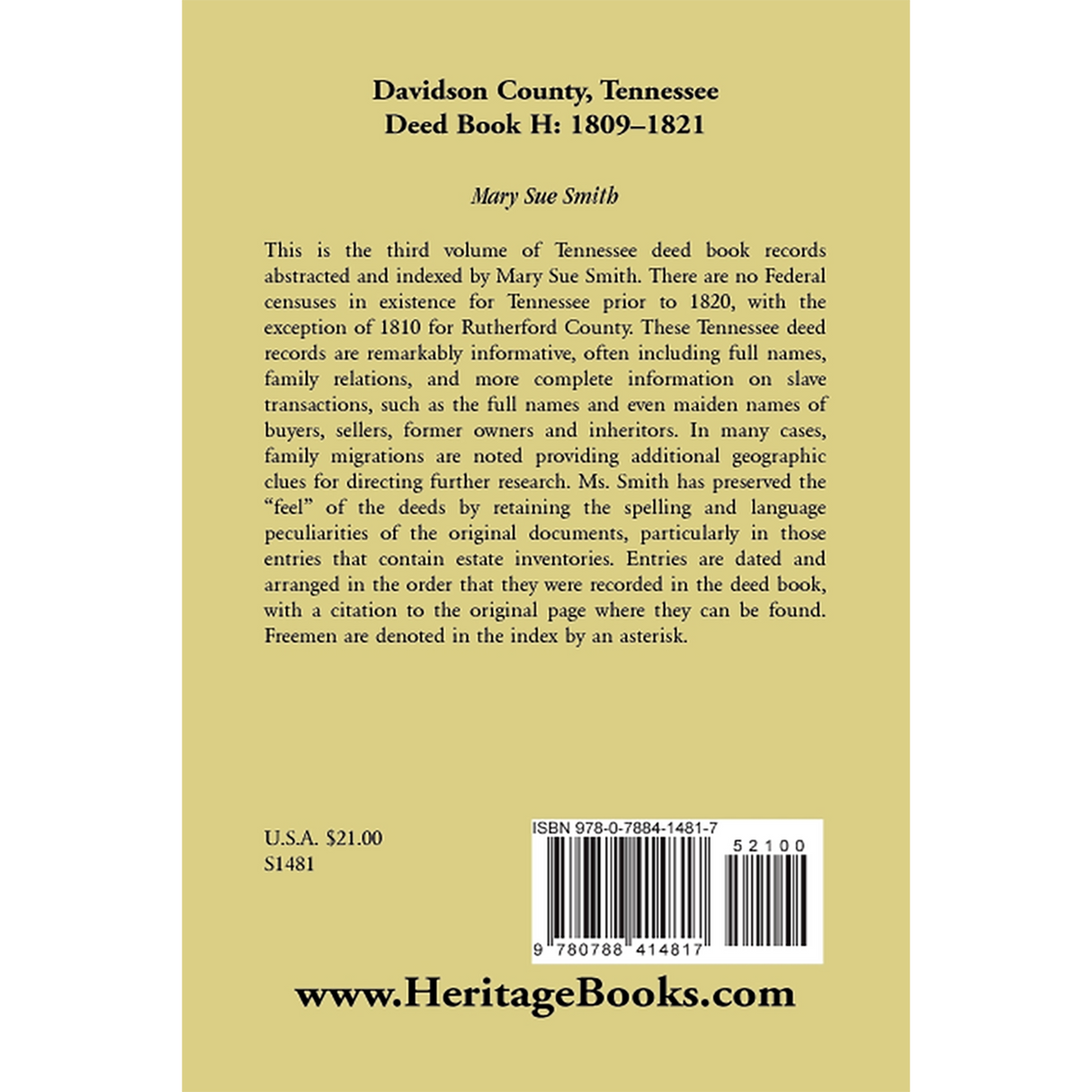 Davidson County, Tennessee, Deed Book H: 1809-1821 back cover