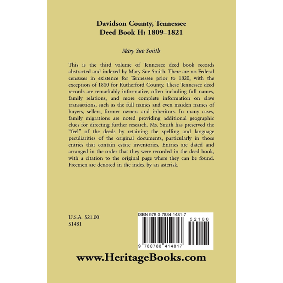 Davidson County, Tennessee, Deed Book H: 1809-1821 back cover