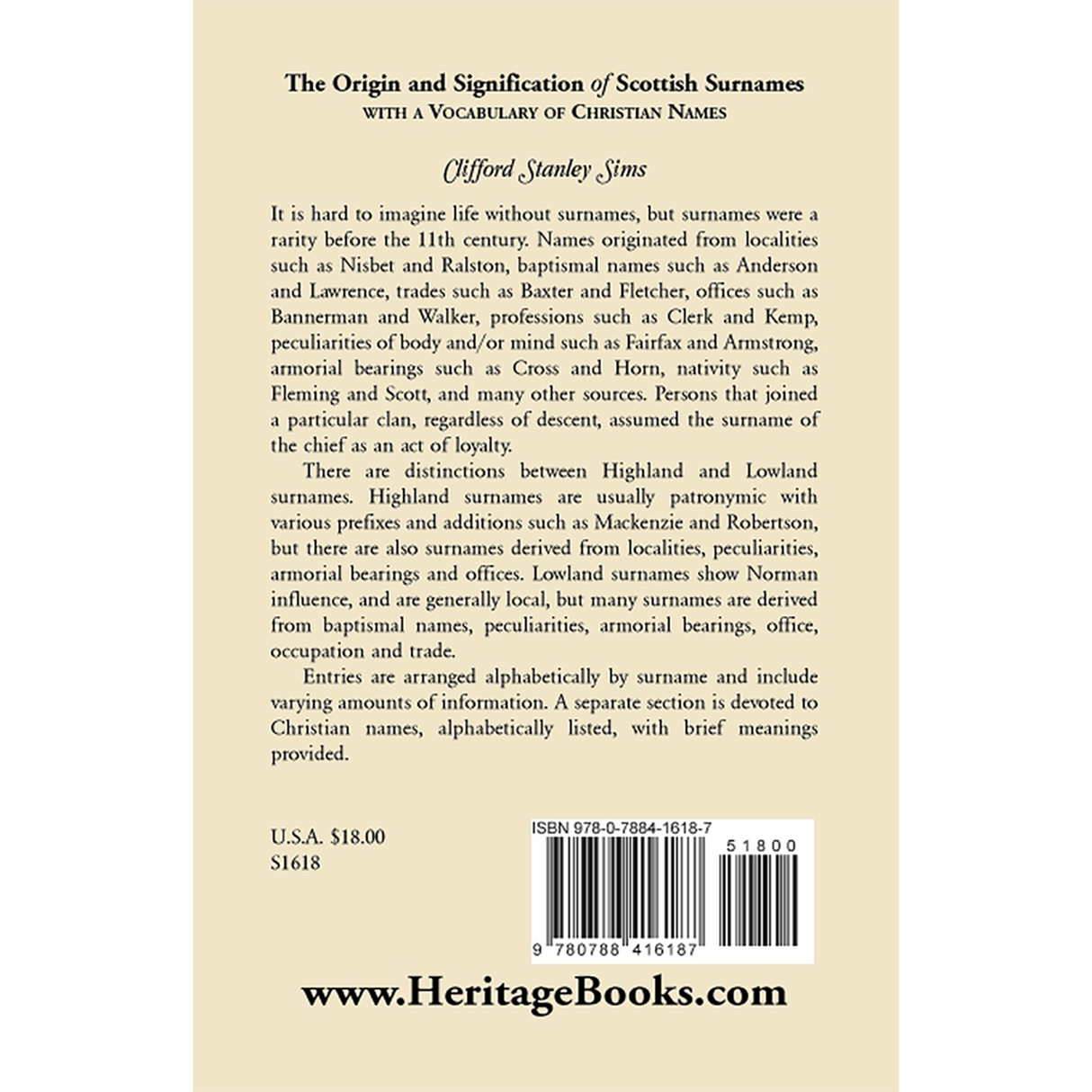 Origin and Signification of Scottish Surnames with a Vocabulary of Christian Names back cover