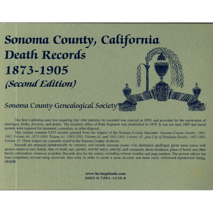 Sonoma County, California Death Records, 1873-1905, 2nd Edition back cover