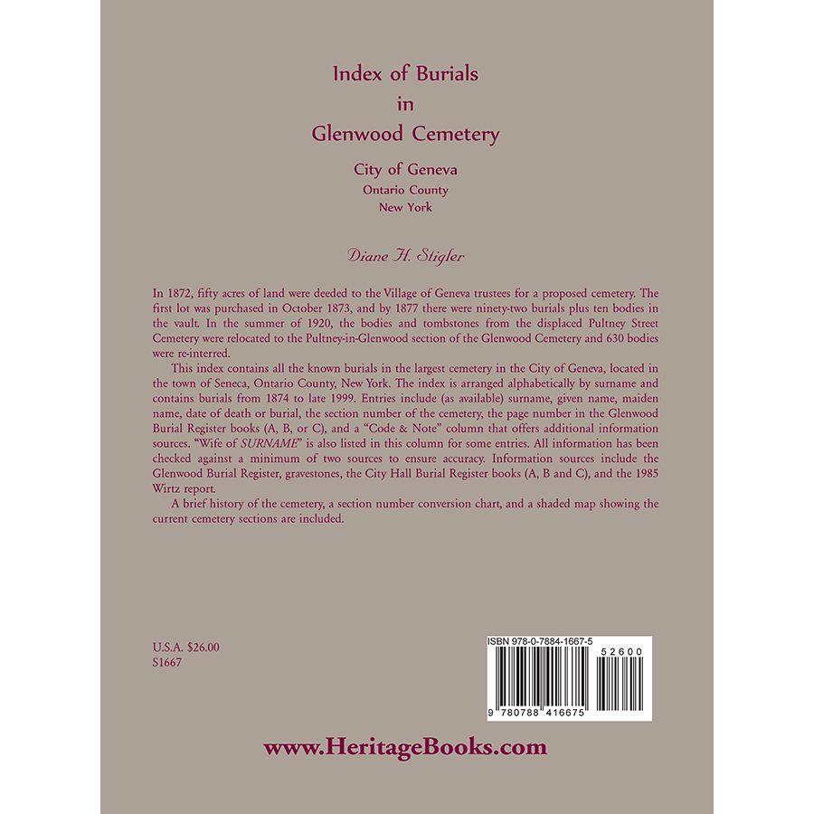 Index of Burials in Glenwood Cemetery, City of Geneva, Ontario County, New York back cover