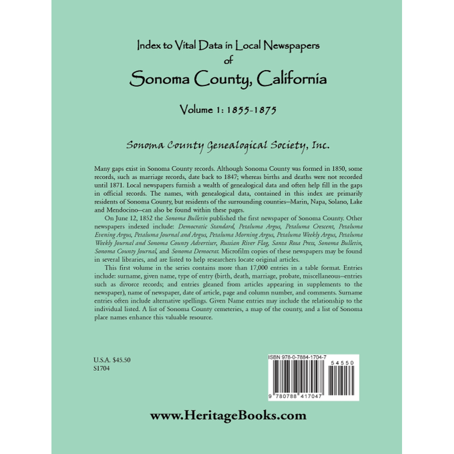 Index to Vital Data in Local Newspapers of Sonoma County, California, Volume 1: 1855-1875 back cover