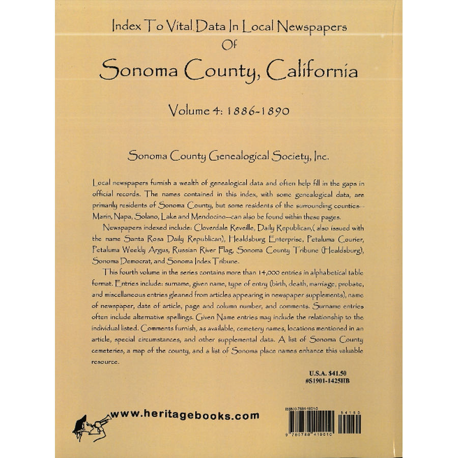 Index to Vital Data in Local Newspapers of Sonoma County, California, Volume 4: 1886-1890 back cover