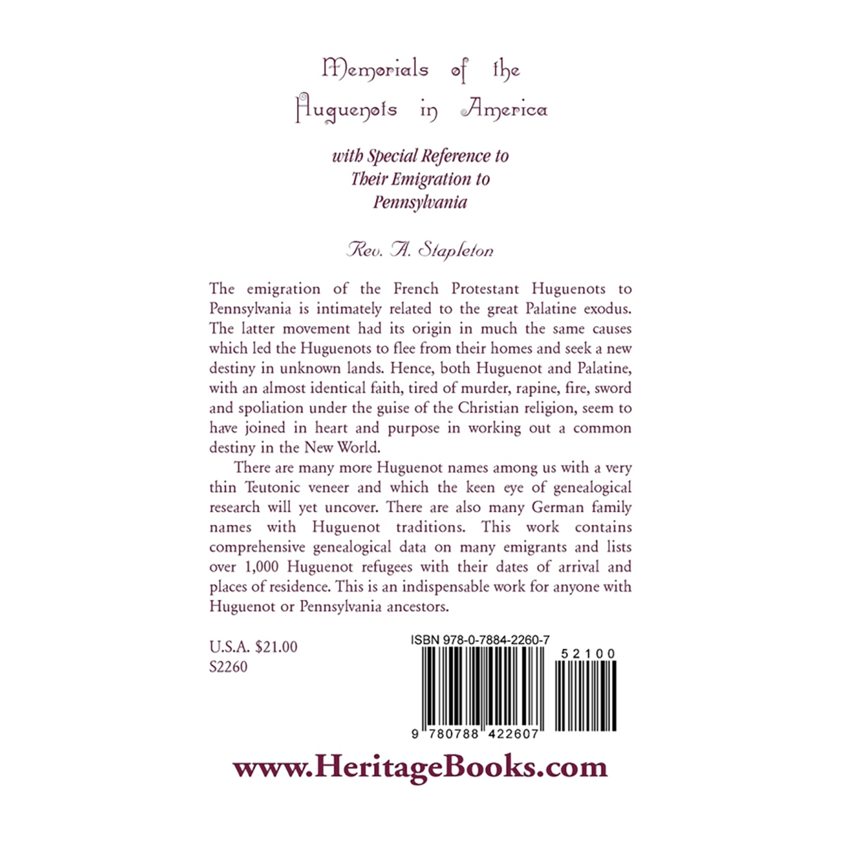 Memorials of the Huguenots in America, with Special Reference to their Emigration to Pennsylvania back cover