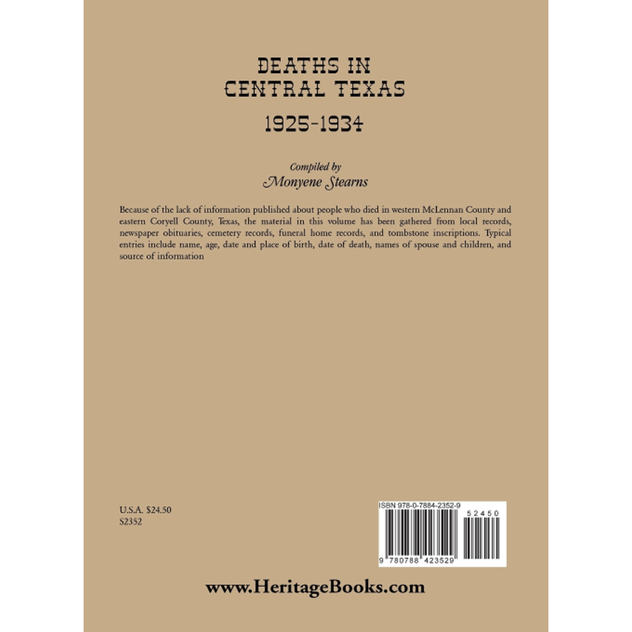 Deaths in Central Texas, 1925-1934 back cover