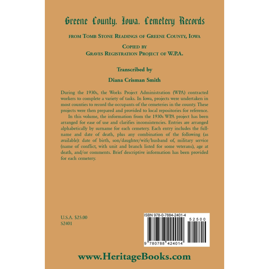 Greene County, Iowa Cemetery Records from Tomb Stone Readings of Greene County, Iowa back cover
