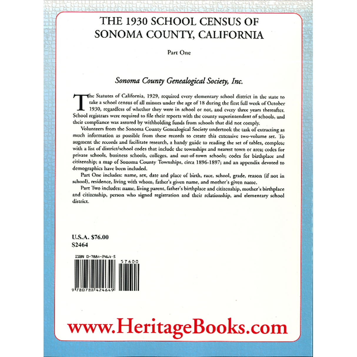 The 1930 School Census of Sonoma County, California, Part 1 back cover
