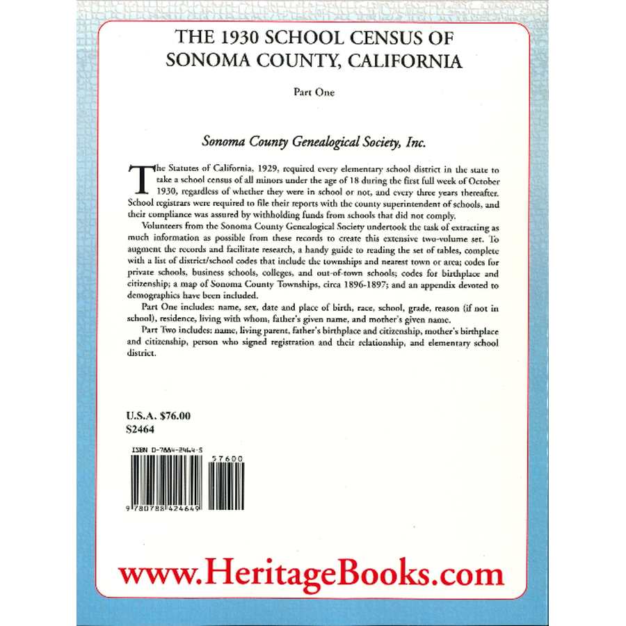The 1930 School Census of Sonoma County, California, Part 1 back cover