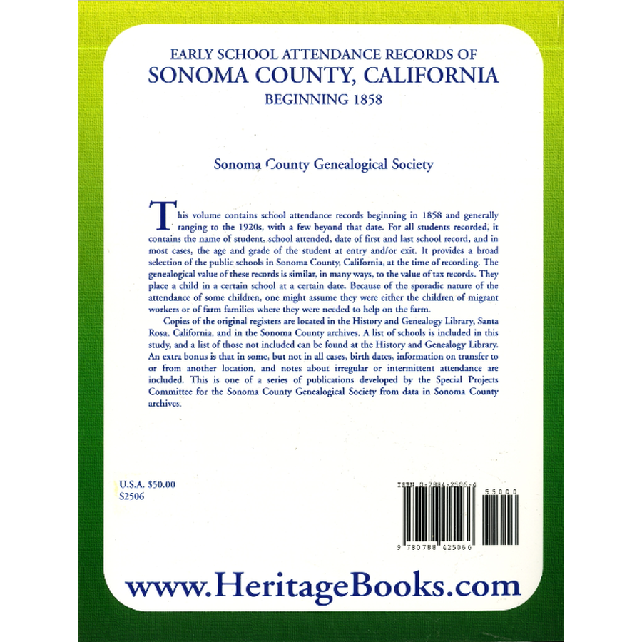 Early School Attendance Records of Sonoma County, California, Beginning 1858 back cover