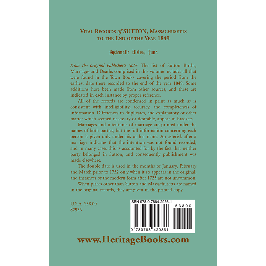 Vital Records of Sutton, Massachusetts back cover