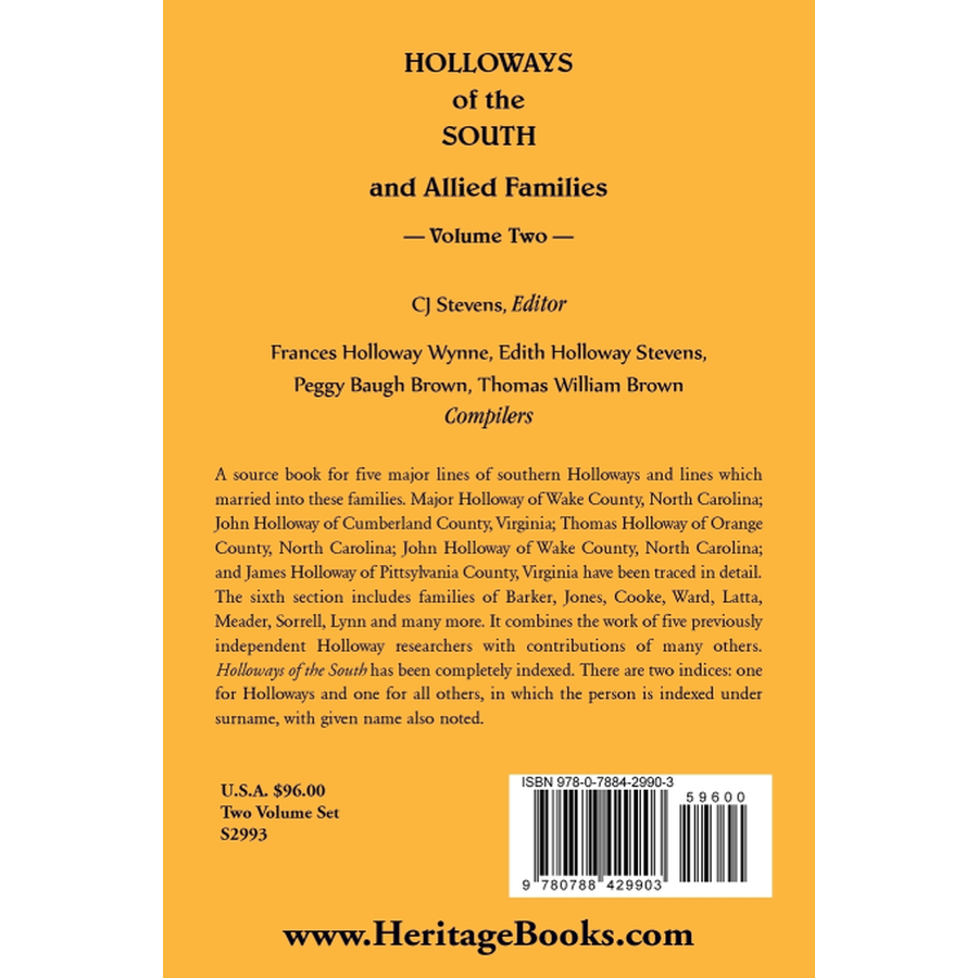 Holloways of the South and Allied Families, Volume 2 back cover