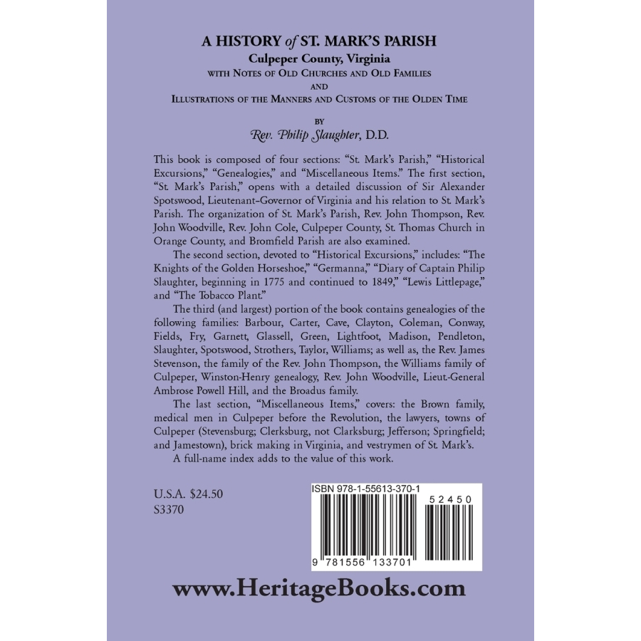 A History of St. Mark's Parish, Culpeper County, Virginia With Notes of Old Churches and Old Families back cover