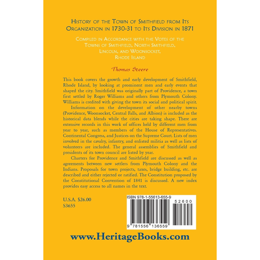 History of the Town of Smithfield, Rhode Island, from Its Organization in 1730-31 to Its Division in 1871 back cover