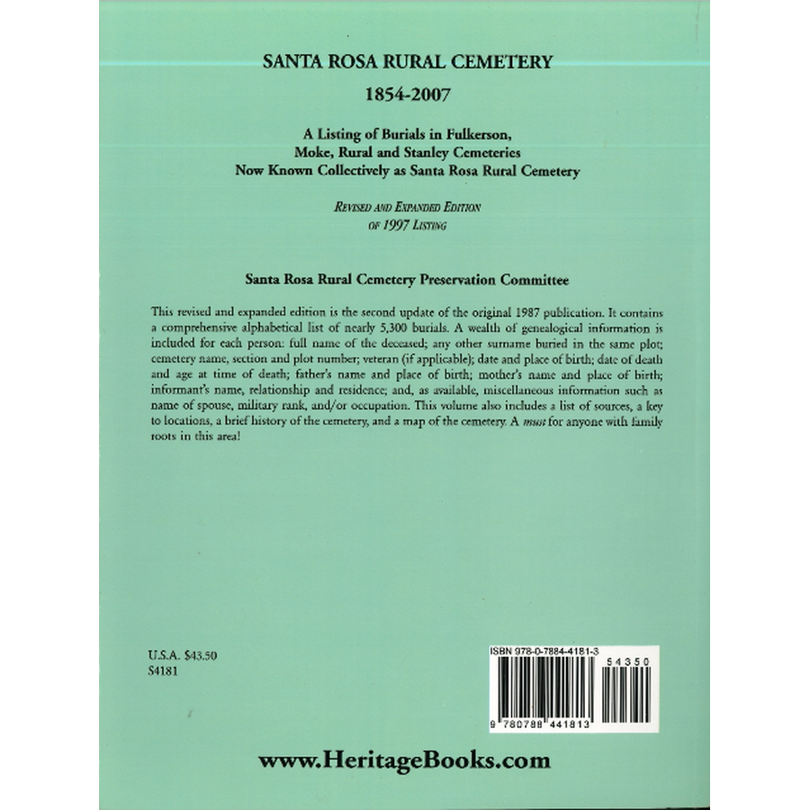 Santa Rosa Rural Cemetery, 1854-2007 back cover