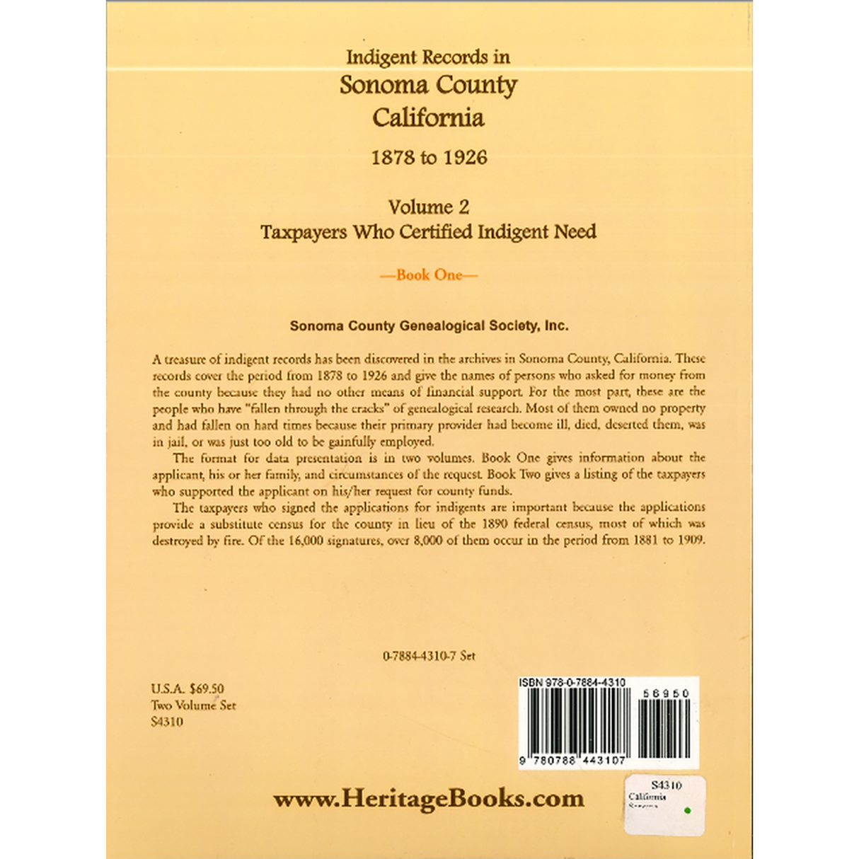 Indigent Records in Sonoma County, California, 1878 to 1926, Volume 2: Taxpayers Who Certified Indigent Need, Book 1 back cover