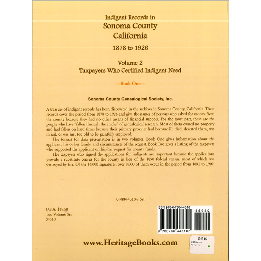 Indigent Records in Sonoma County, California, 1878 to 1926, Volume 2: Taxpayers Who Certified Indigent Need, Book 1 back cover