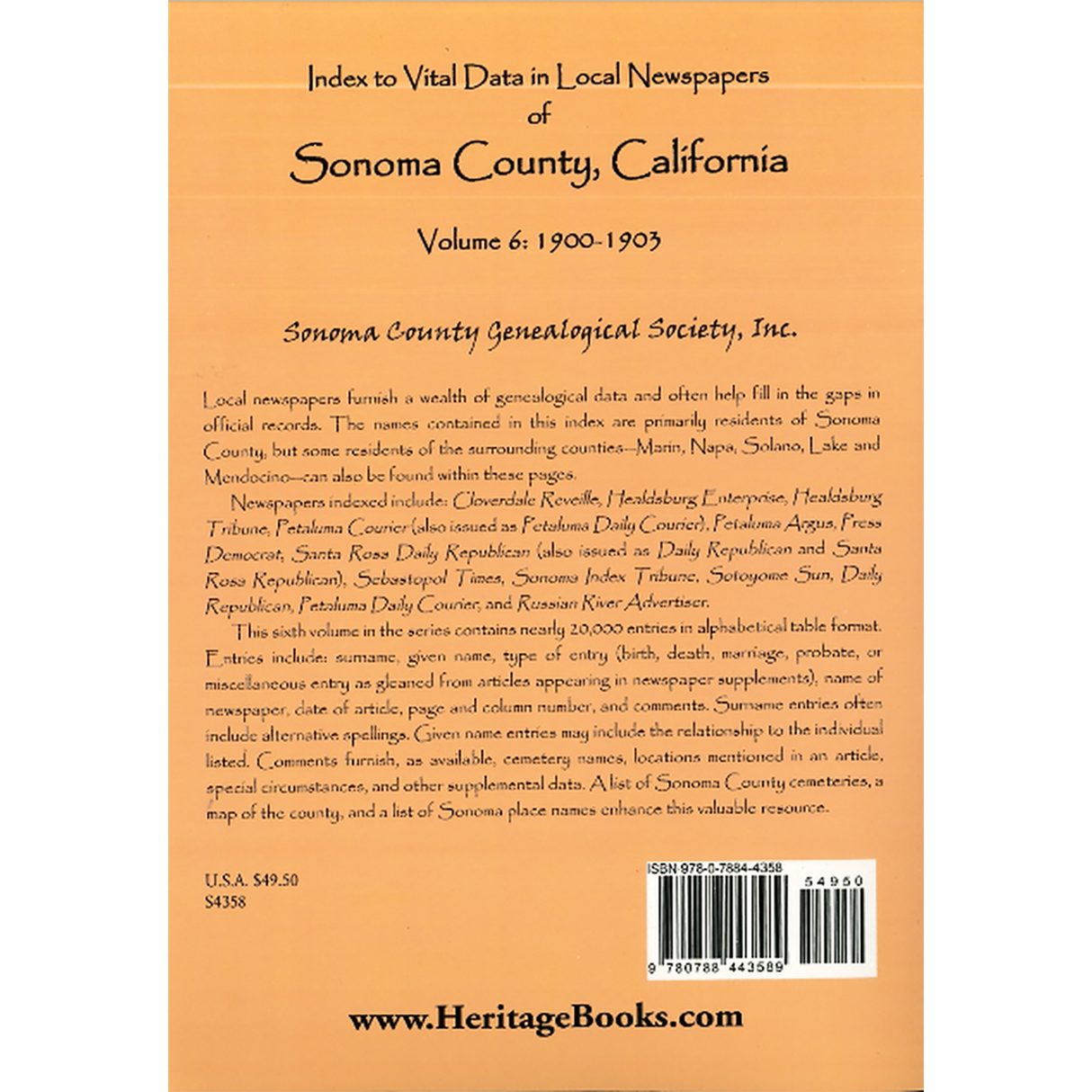 Index to Vital Data in Local Newspapers of Sonoma County, California, Volume 6: 1900-1903 back cover