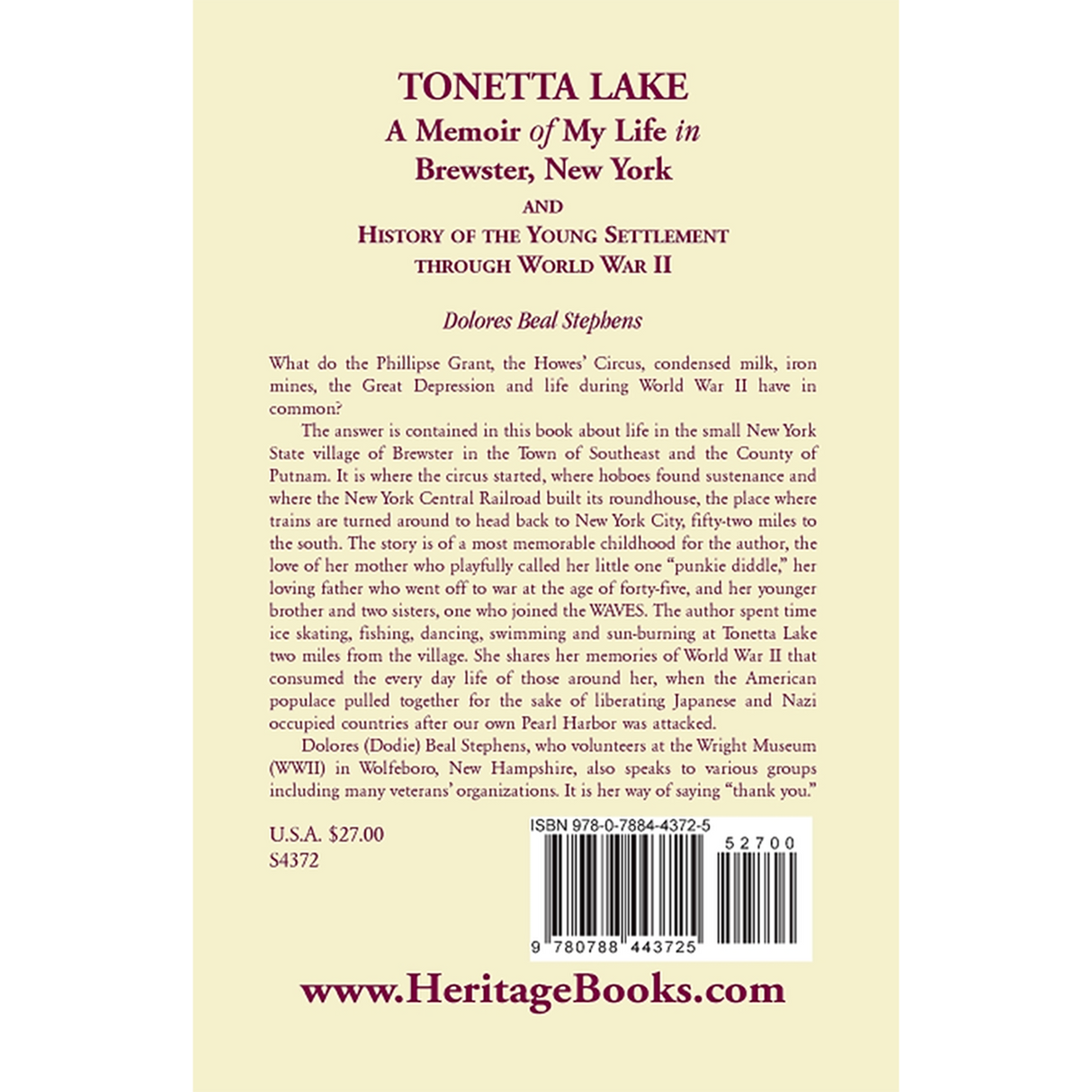 Tonetta Lake, A Memoir of My Life in Brewster, New York and History of the Young Settlement through World War II back cover