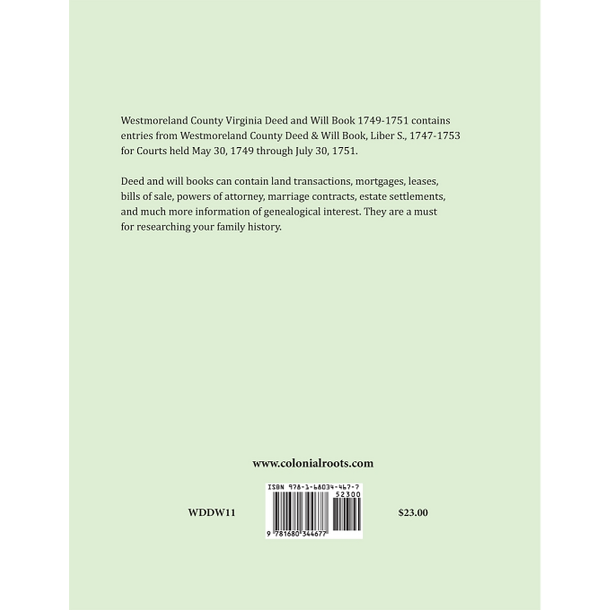 Westmoreland County, Virginia Deed and Will Book Abstracts 1749-1751 back cover