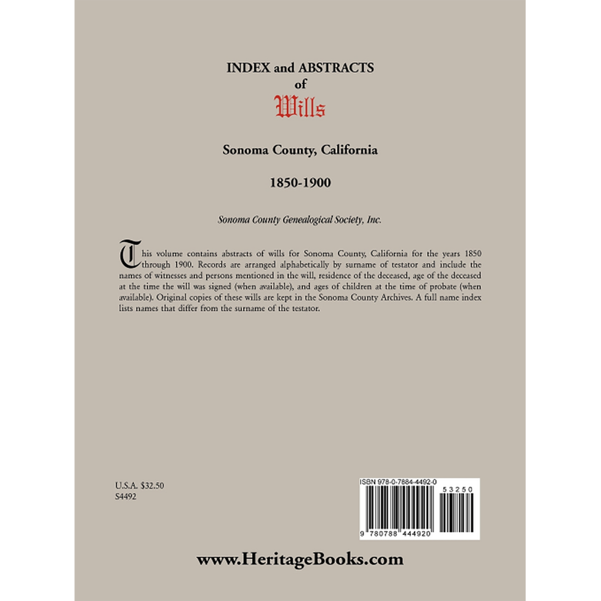 Index and Abstracts of Wills, Sonoma County, California: 1850-1900 back cover