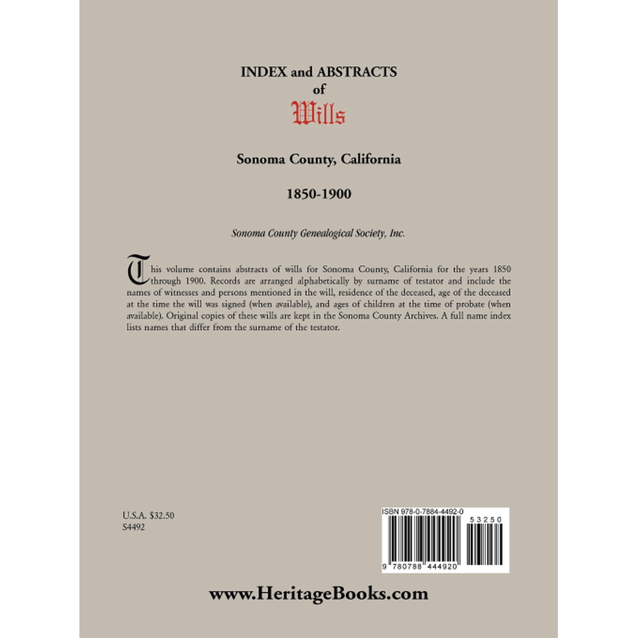 Index and Abstracts of Wills, Sonoma County, California: 1850-1900 back cover