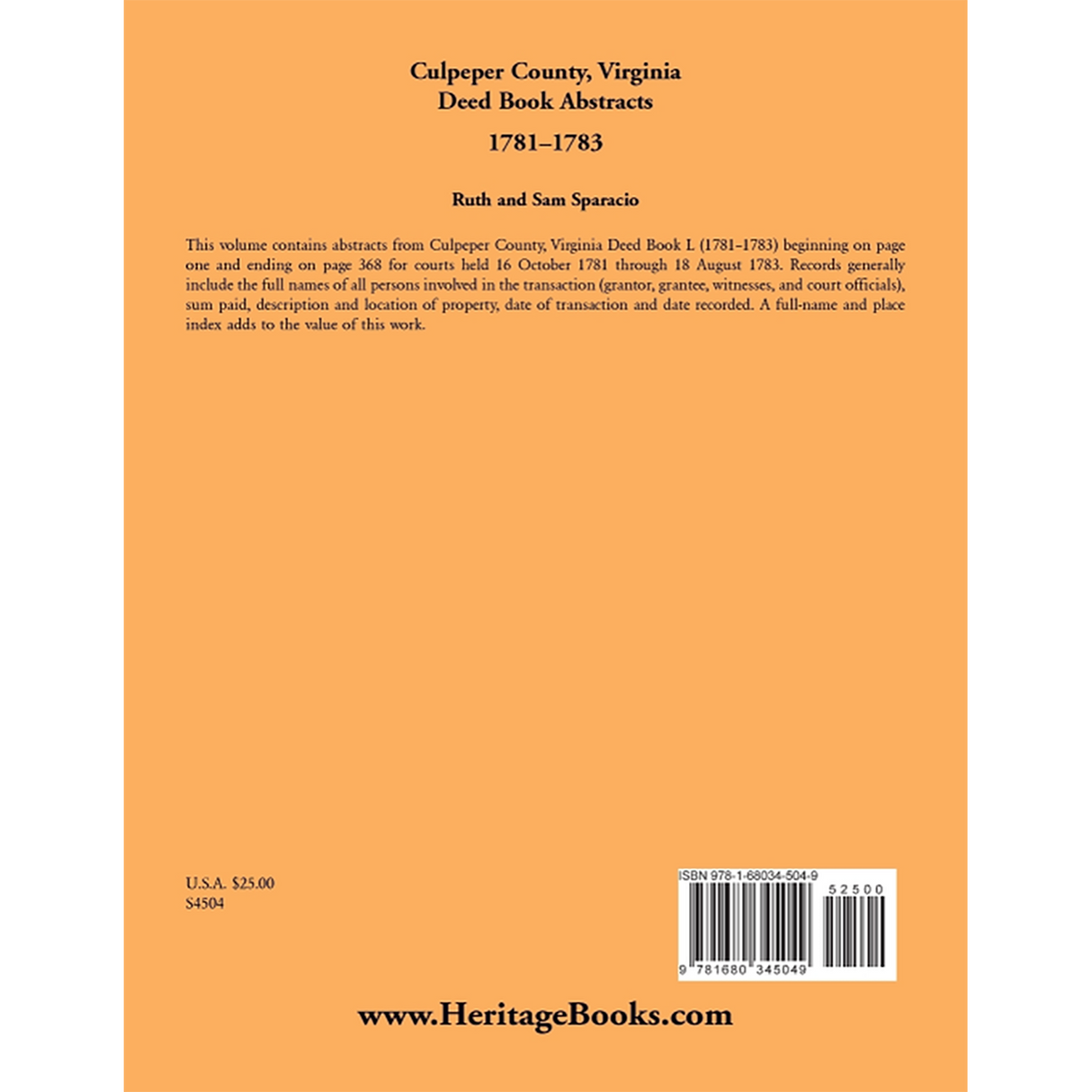 Culpeper County, Virginia Deed Book Abstracts 1781-1783 back cover