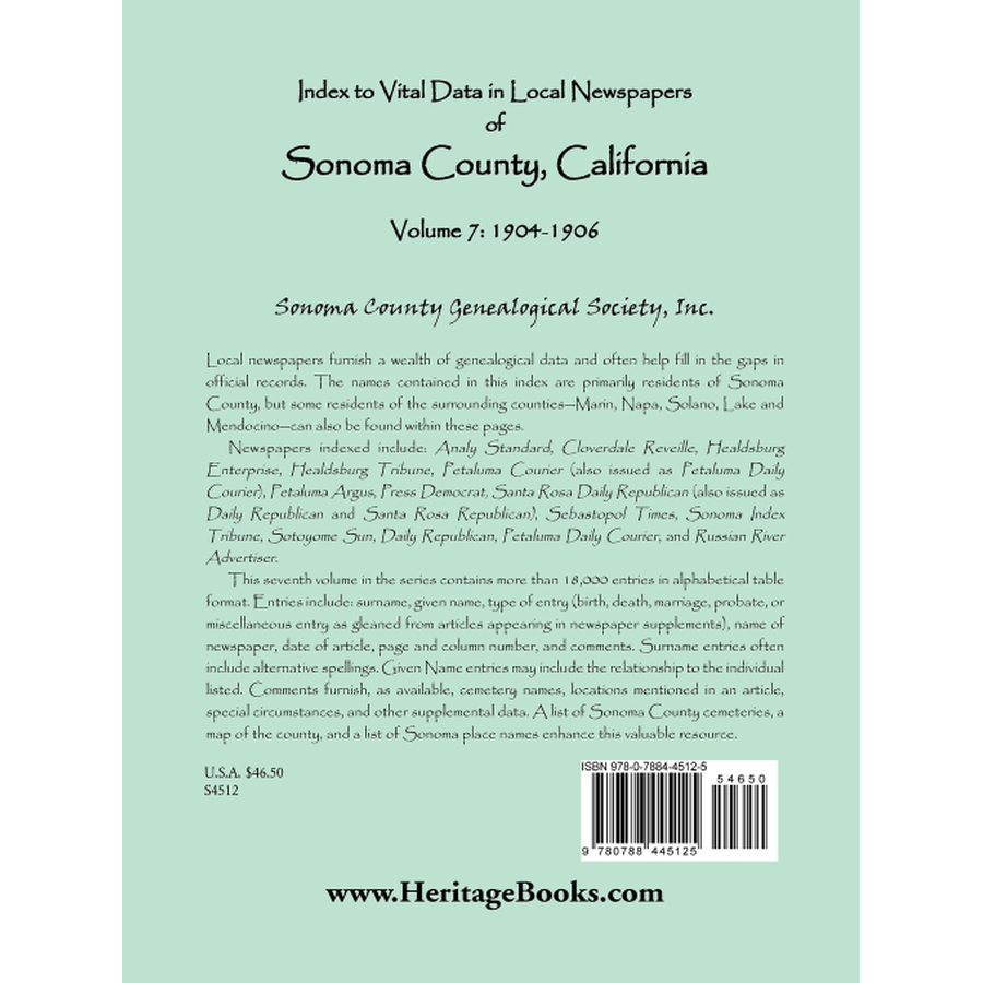 Index to Vital Data in Local Newspapers of Sonoma County, California, Volume 7: 1904-1906 back cover