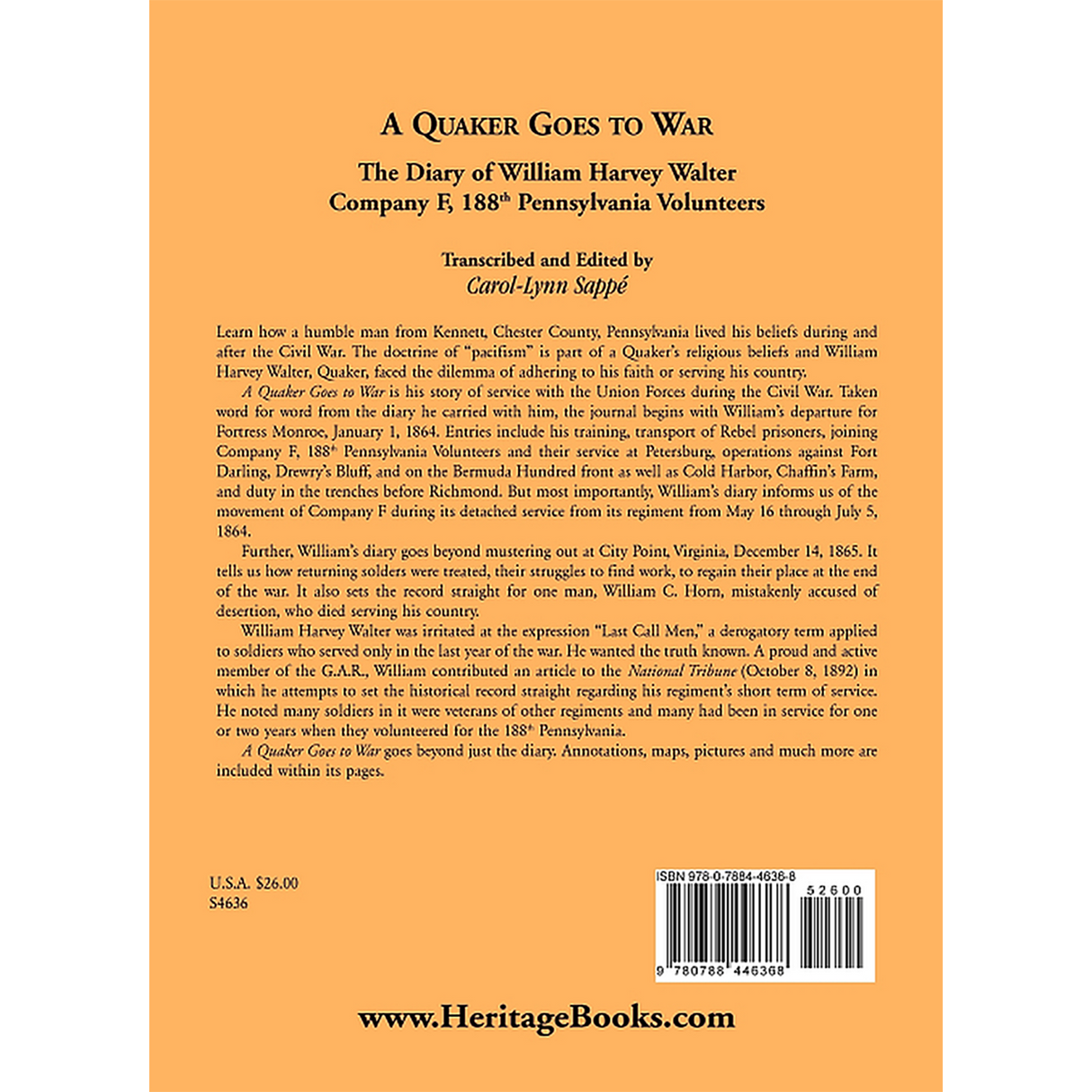 A Quaker Goes to War: The Diary of William Harvey Walter, Company F, 188th Pennsylvania Volunteers back cover