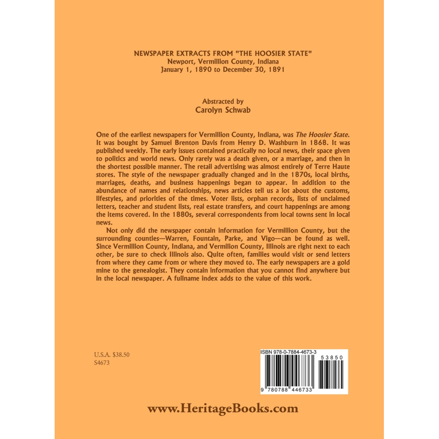 Newspaper Extracts from "The Hoosier State", Newport, Vermillion County, Indiana, January 1, 1890 to December 30, 1891 back cover
