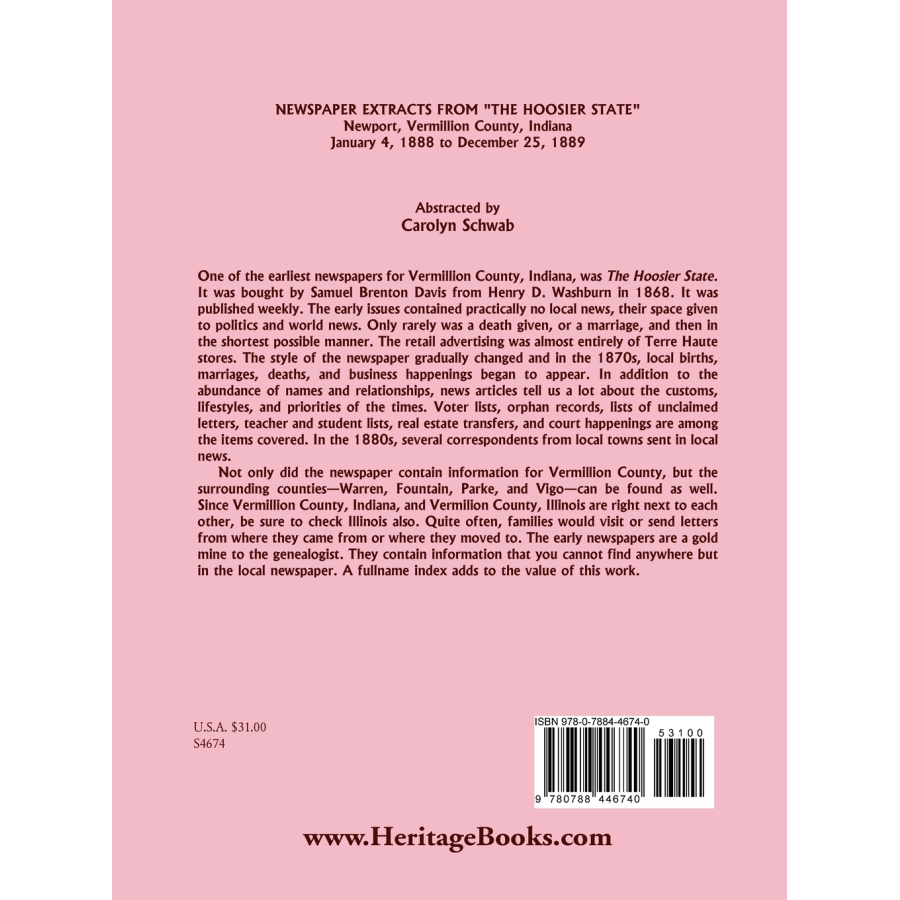 Newspaper Extracts from "The Hoosier State", Newport, Vermillion County, Indiana, January 4, 1888 to December 25, 1889 back cover