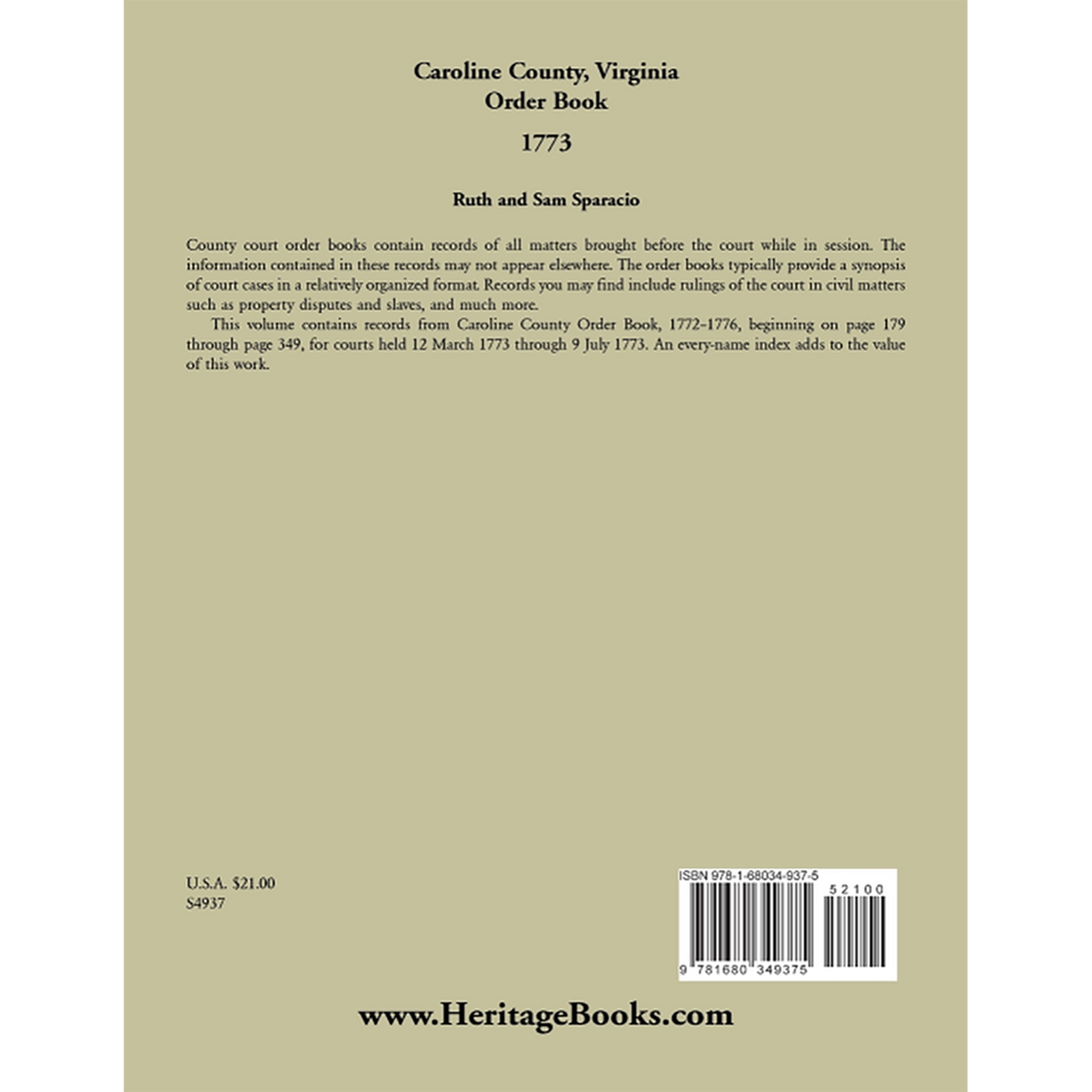Caroline County, Virginia Order Book Abstracts 1773 back cover