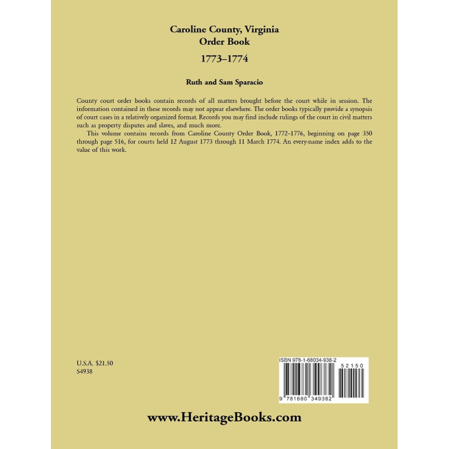 Caroline County, Virginia Order Book Abstracts 1773-1774 back cover