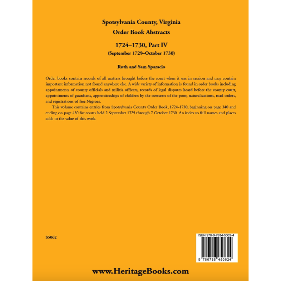 Spotsylvania County, Virginia Order Book Abstracts, 1724-1730, Part IV, 1729-1730 back cover
