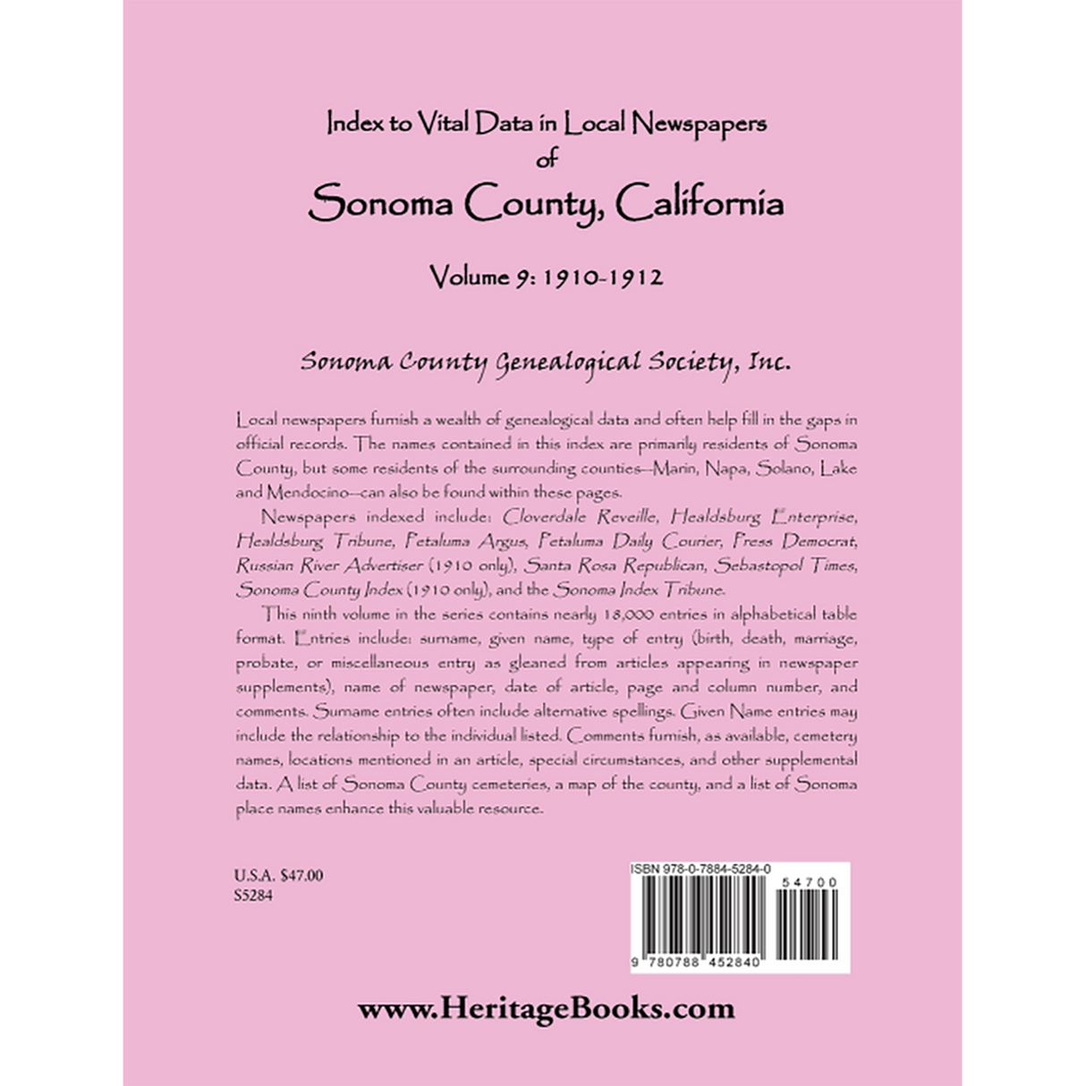 Index to Vital Data in Local Newspapers of Sonoma County, California, Volume 9: 1910-1912 back cover